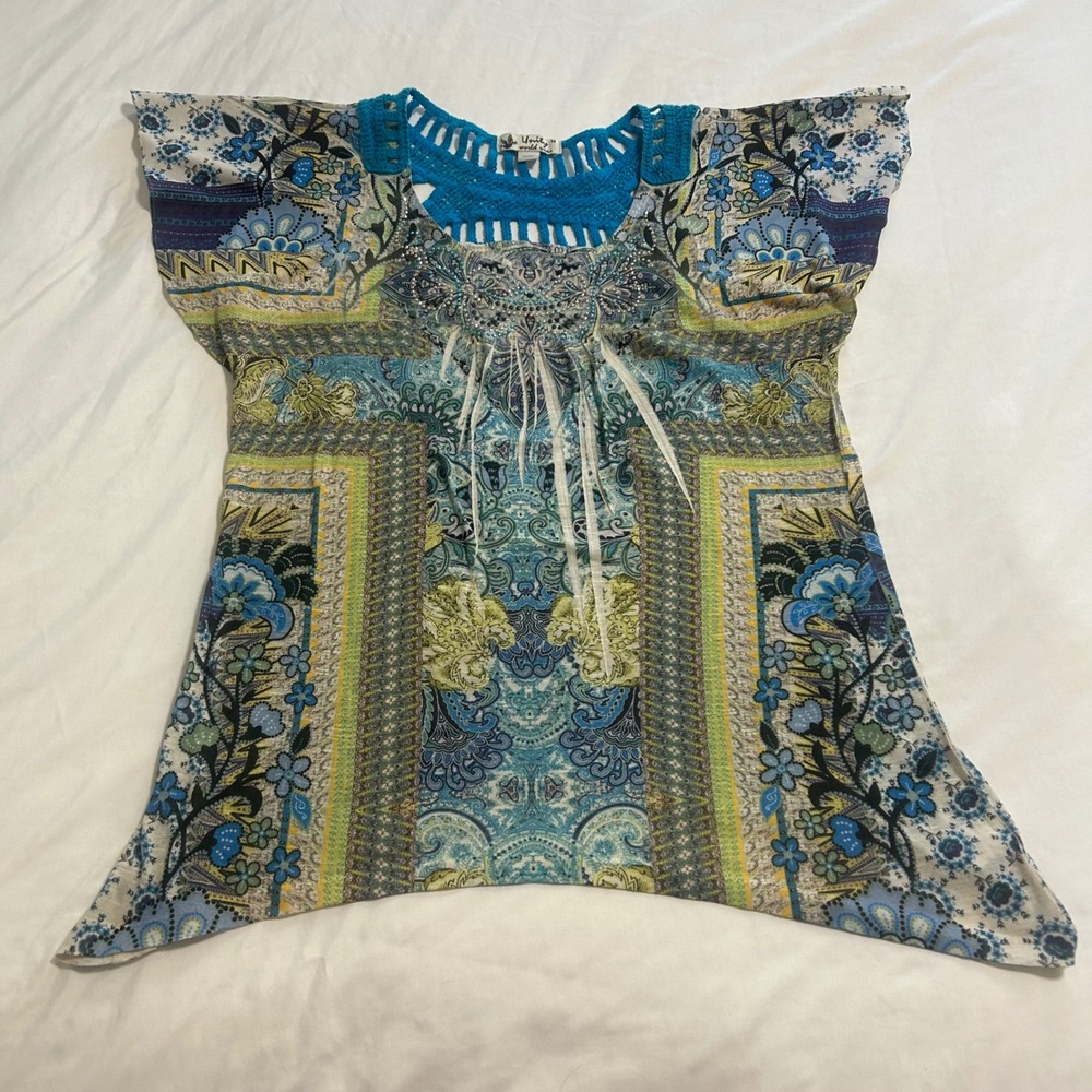 Unity World Wear Womens Blue Green Paisley Crochet Rhinestone Boho Top Medium